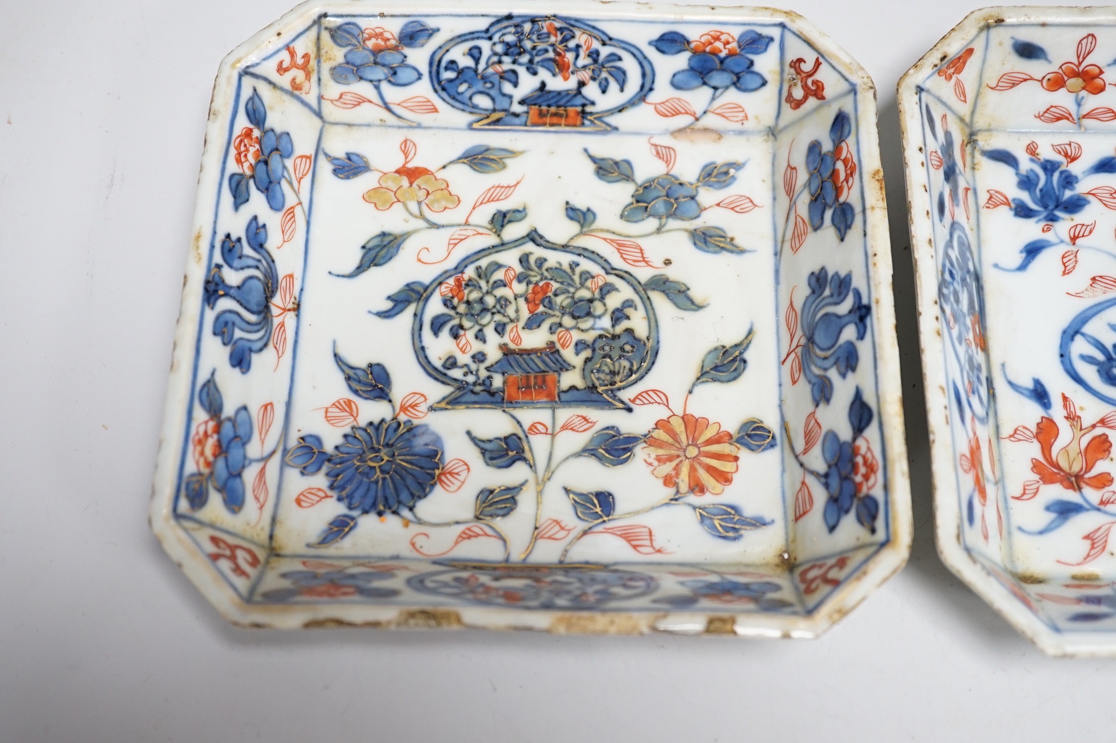 Two Chinese Imari square dishes, Kangxi, 15cm sq.